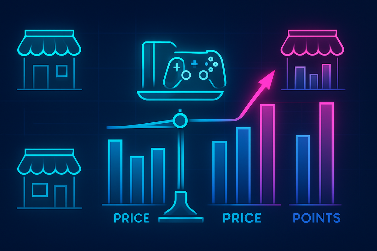 Neon infographic with anonymous store icons, price and point bar graphs, and a game console on a glowing balance scale—Aeon vs online rivals for Switch2 deals, data-driven hunt for the sweetest spot between low price and max points, smart bargain-hunter energy  