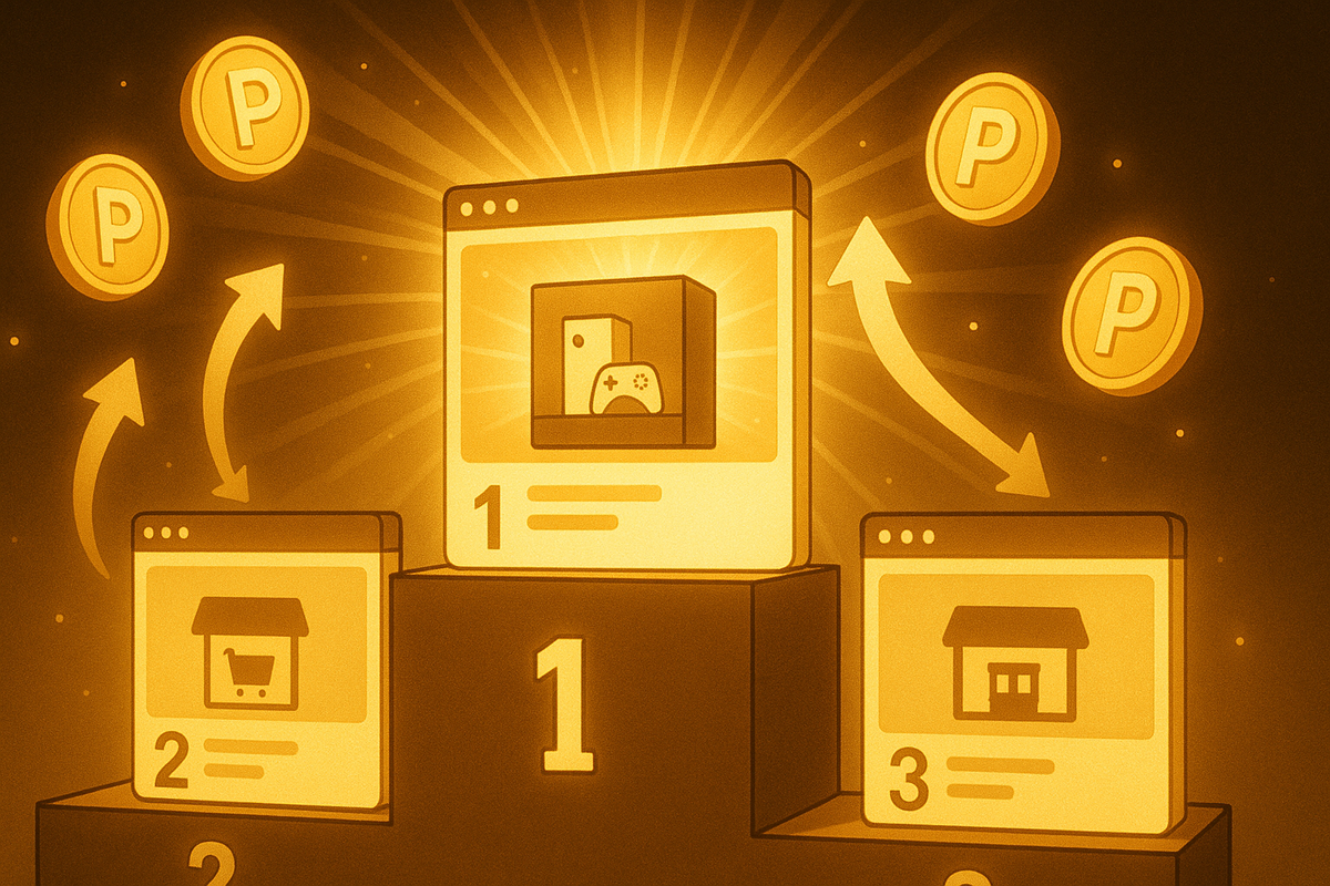 Golden ranking podium of web shops with a glowing console page in first place and point coins swirling around—Rakuten-style route crowned as the No.1 way to win Switch2 with insane reward points and unbeatable advantages  