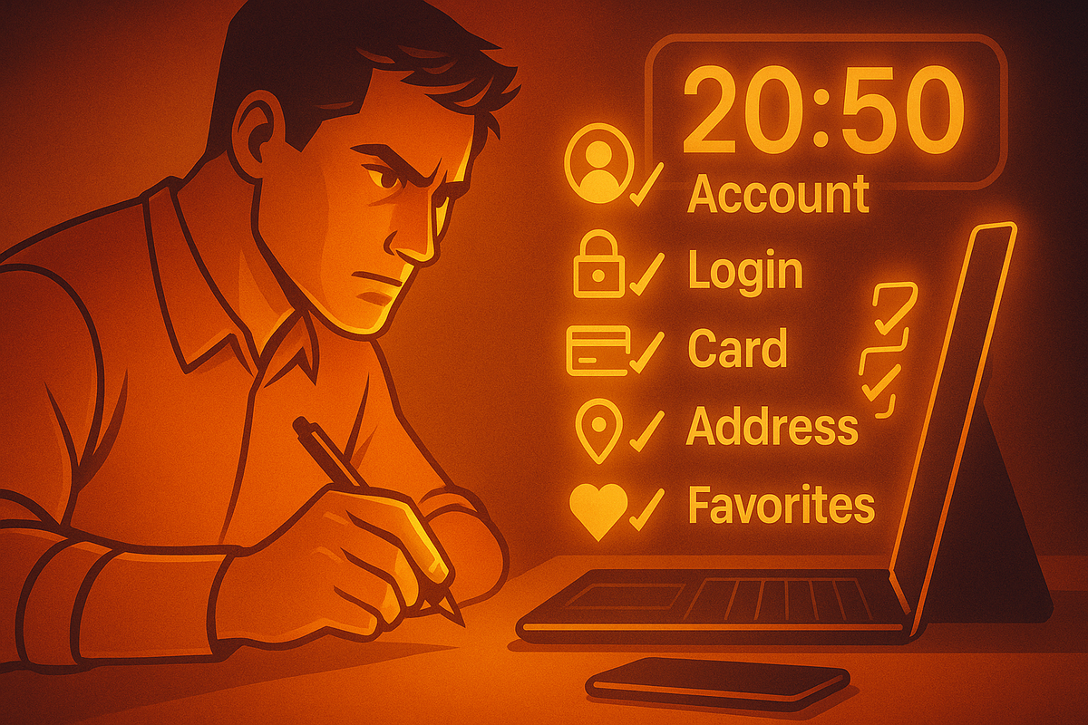 Fiercely focused shopper filling out a checklist beside a laptop that glows with “20:50 Account, Login, Card, Address, Favorites” all ticked—pre-battle preparation for a 21:00 flash sale, serious concentration and victory-minded discipline  
