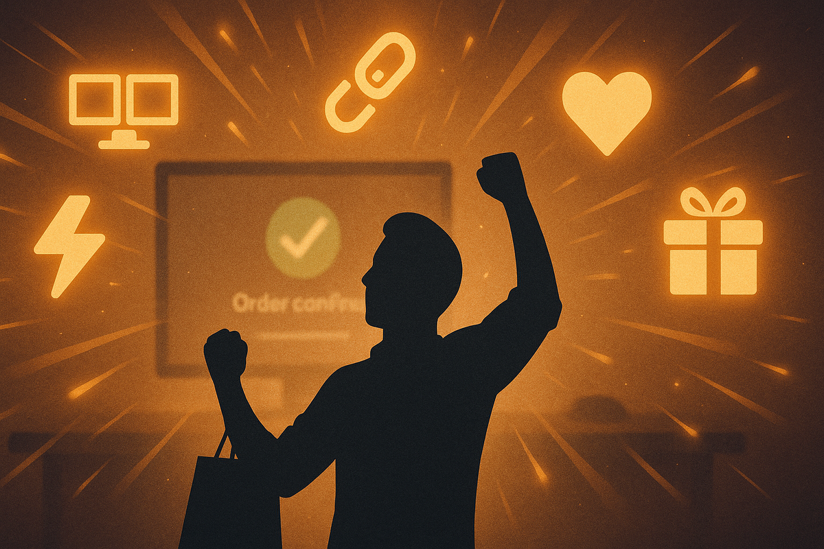 Silhouette of a shopper punching the air in front of an “order confirmed” screen, surrounded by icons for dual screens, quick links, lightning speed, heart and gift—pure Switch2 purchase ecstasy after nailing every secret hack  