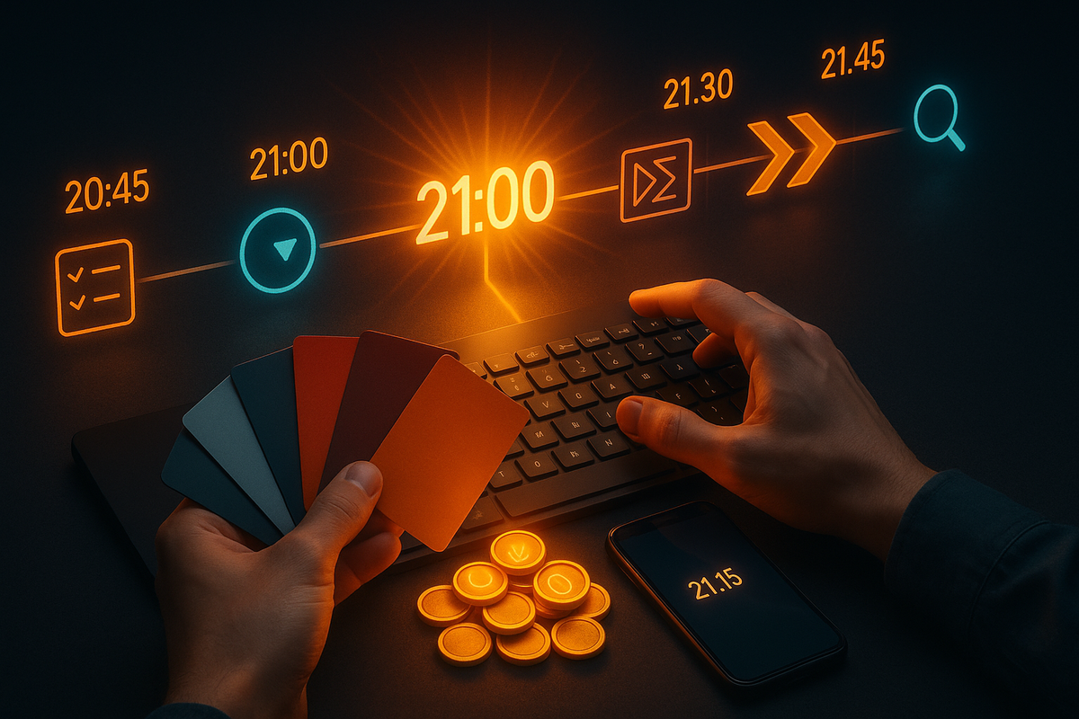 Hands on a keyboard at night with glowing timeline icons from 20:45 to 21:45 and a blazing 21:00 center, one hand holding colored cards and coins stacked nearby—strategic mix of timing, payment and points to dominate the Rakuten 21:00 console drop  