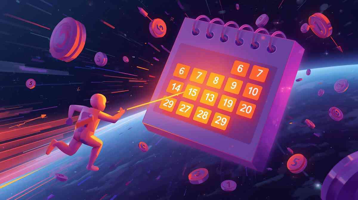 Stylized runner sprinting through outer space toward a huge floating calendar, jabbing at the 15th while shiny “5” coins orbit around—hyper-speed race to hit the best bonus days and shopping marathon dates for maximum points and Switch2 luck  