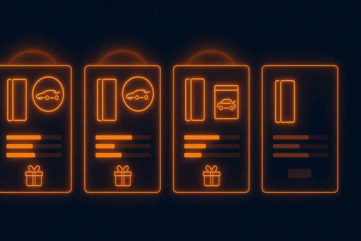 Four neon comparison cards lined up in the dark, each with generic card icons, benefit bars and gift symbols—side-by-side bonus plan and payment option ranking, fast visual way to choose the most rewarding setup  