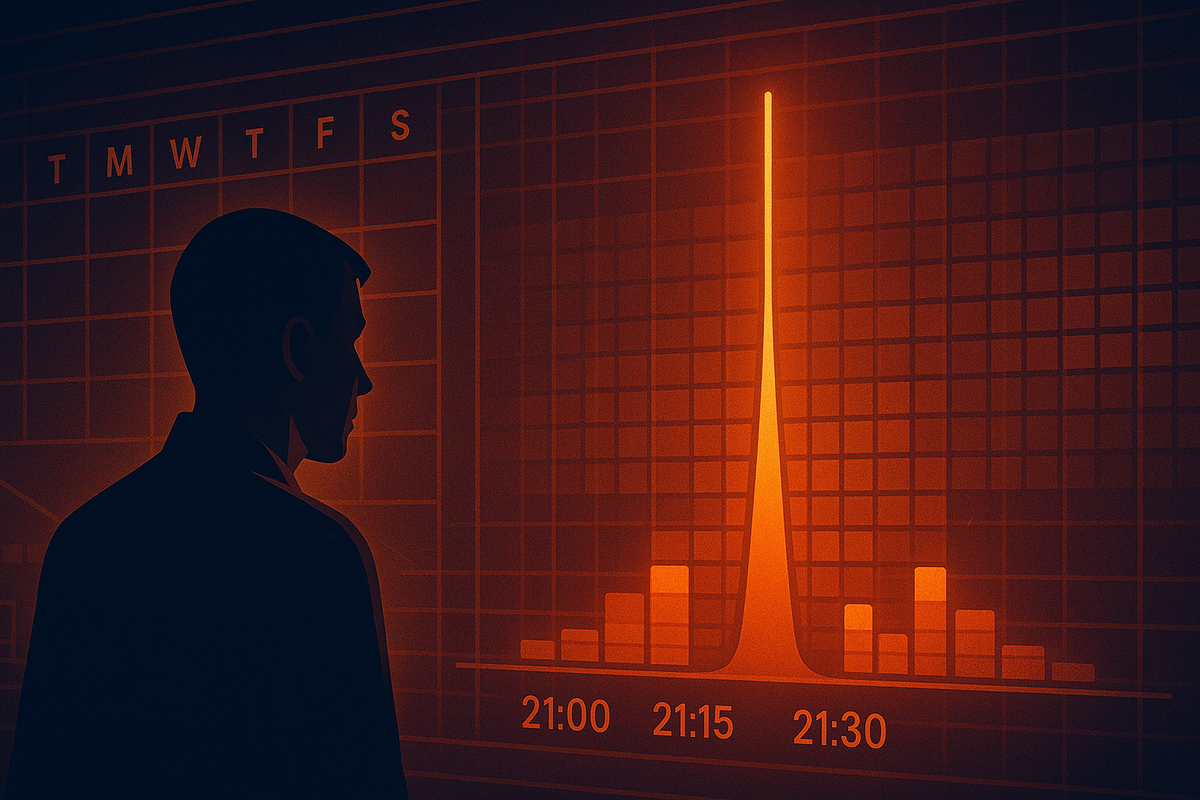 Silhouette studying a huge glowing chart where a razor-sharp spike blasts up around 21:15, with 21:00 and 21:30 bars on each side—data-driven proof of the golden sale minute, intense timing analysis and predictive excitement  