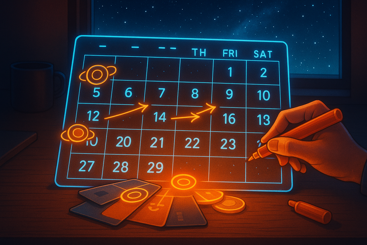 Night desk with a holographic monthly calendar, key dates connected by bright arrows while point coins and cards glow at the bottom—future restock hunting roadmap, marking 5-days and marathon nights with cosmic urgency  