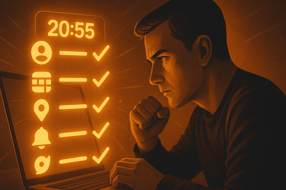 Serious shopper leaning into a laptop as a 20:55 checklist lights up beside him—account, card, address, alerts and social all ticked green—high-tension pre-battle preparation for a 21:00 flash-sale attack  