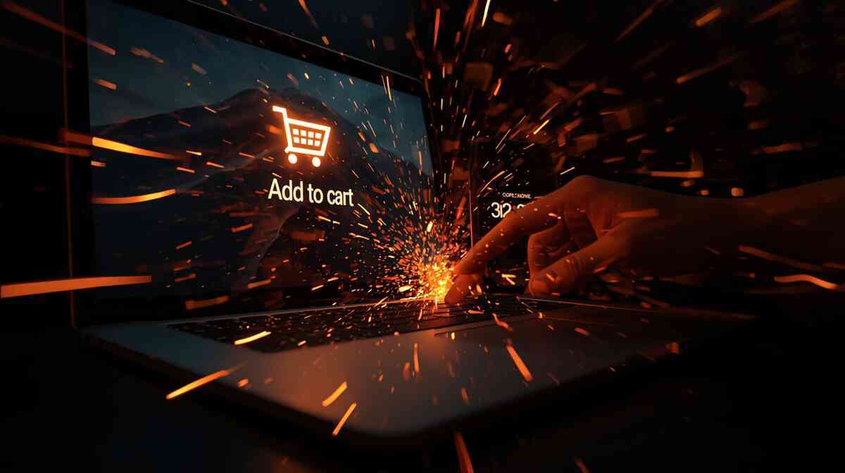 Explosive close-up of a finger slamming a laptop key as an “add to cart” icon glows on screen, orange sparks flying through the dark—heart-pounding instant of securing a scarce console in a split-second online buy  