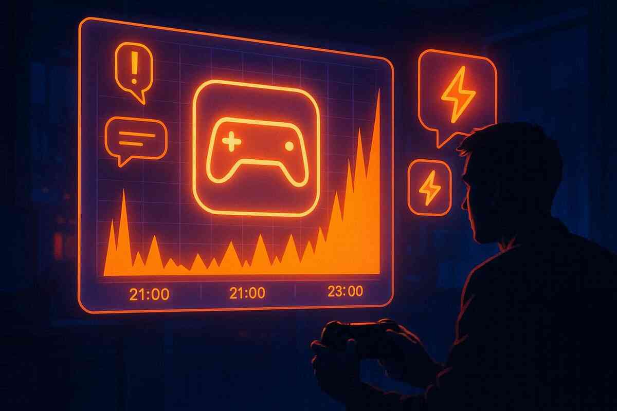 Night gamer facing a huge neon screen showing a gamepad icon and jagged stock graph climbing toward 23:00—electric tension, alert bubbles, heart-pounding hope for a last-minute console drop