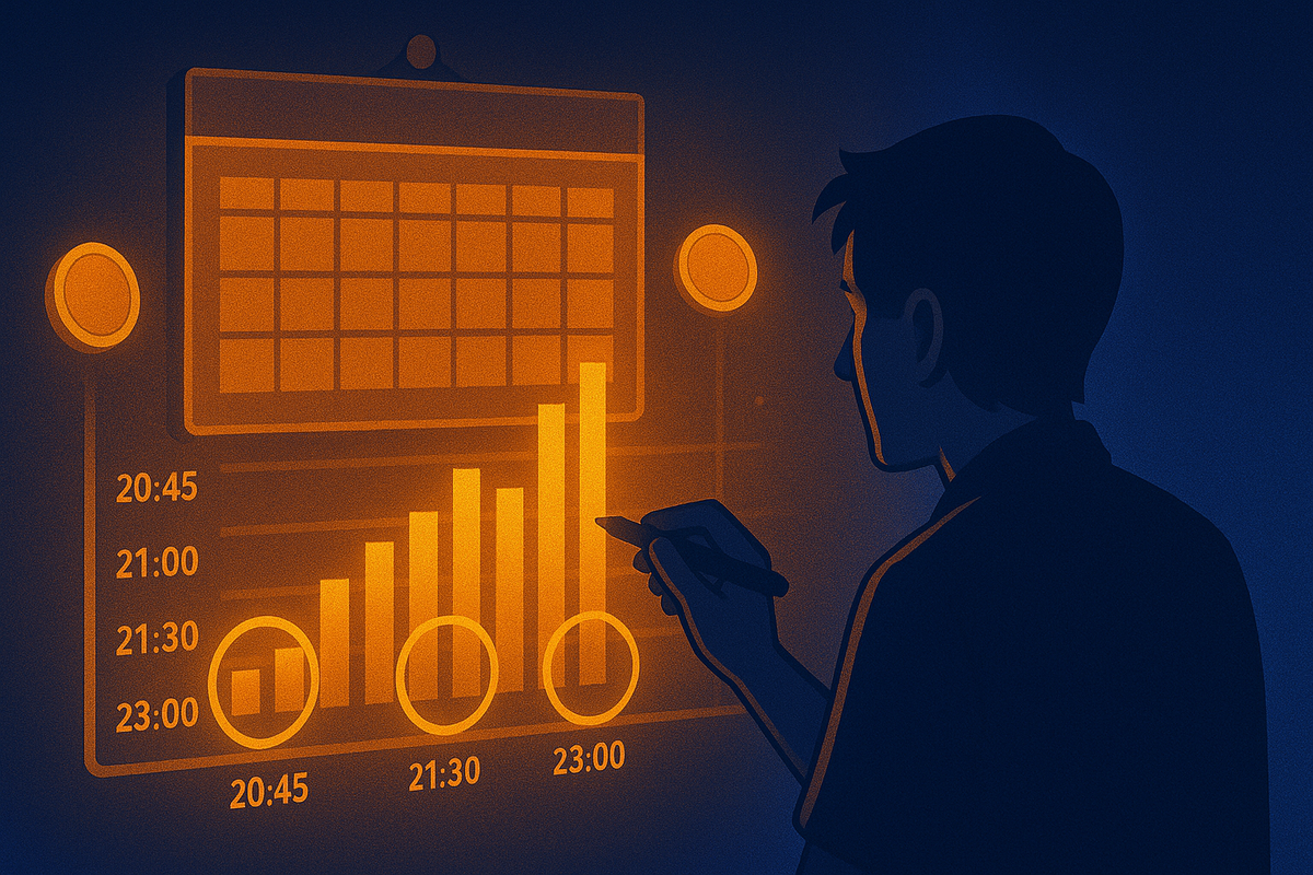 Focused buyer studying a glowing calendar and bar chart labeled 20:45, 21:00, 21:30, 23:00—calm analytics mood, quietly burning determination to find the single best purchase window