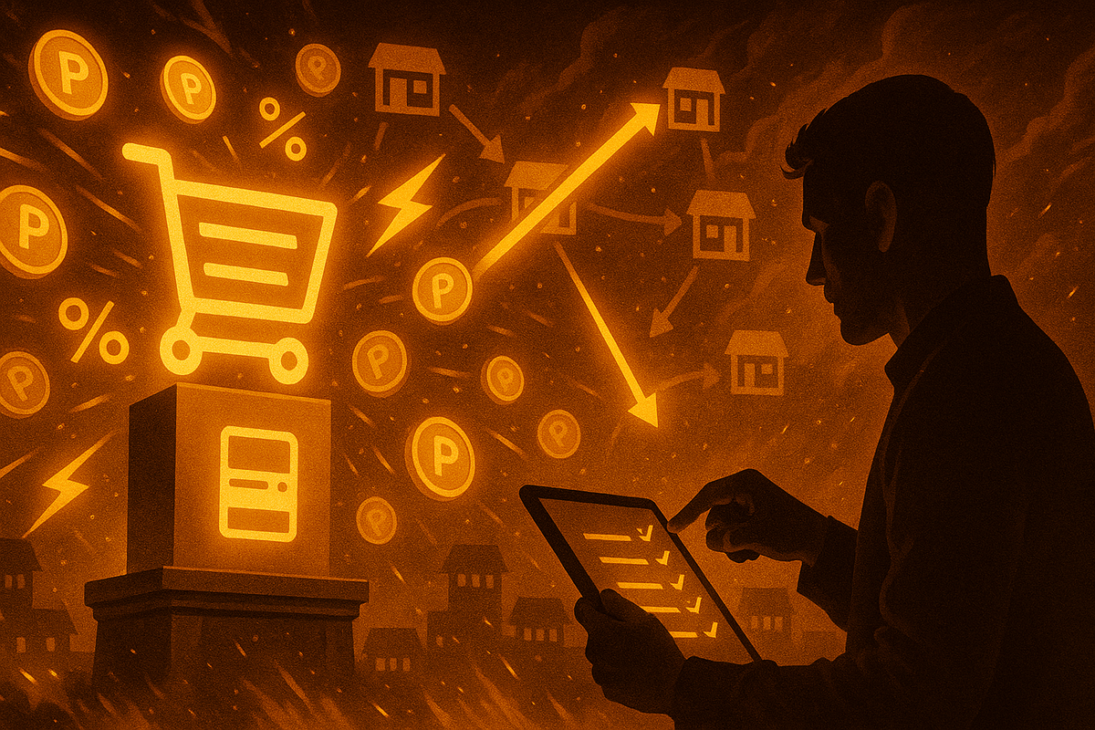Silhouette with a tablet in a storm of glowing coins, percent signs, store icons, and a giant shopping cart on a pedestal—Black Friday chaos visualized as a thrilling points-hunting strategy map