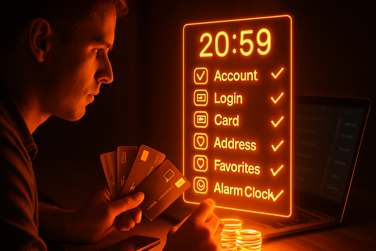 Serious shopper clutching multiple credit cards in front of a blazing 20:59 checklist—account, login, card, address, favorites, alarm clock all ticked—last-minute adrenaline before the buy button appears