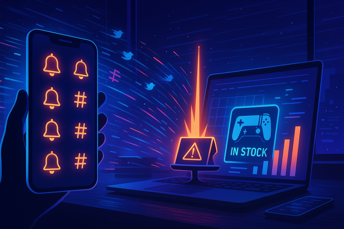 Smartphone full of bell and hashtag icons pointed at a laptop that flashes “in stock” with a gamepad graphic—social media birds streaking by, urgent real-time alert energy for scarce console restocks