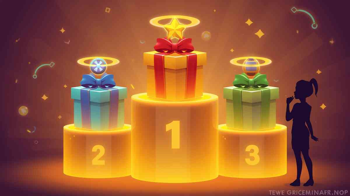 Glowing ranking podium with three radiant gift boxes for 1st, 2nd, and 3rd place while a silhouette quietly chooses—joyful comparison of holiday bundles, warm golden light, excited decision-making moment