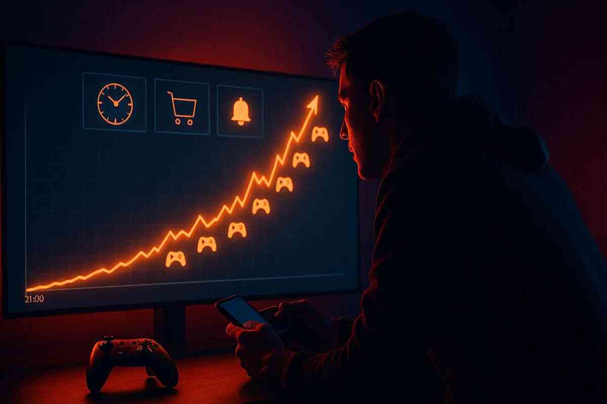 Neon orange line graph exploding upward from 21:00 while a focused gamer watches the screen—clock, cart, and bell icons glowing, Switch-style controllers along the curve—electric proof that late-night restocks spike fast, urgent FOMO energy