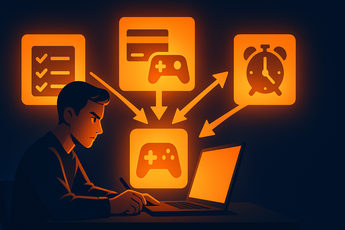Determined shopper at a dark desk mapping a war plan on laptop—glowing tiles for checklist, payment card, gamepad, and alarm clock all firing arrows into a central console icon—intense “do it now” focus before the next Switch2 restock wave