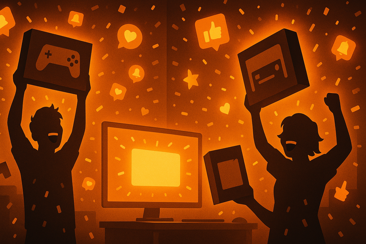 Silhouetted friends throwing console boxes in the air in front of a bright monitor—confetti, hearts, likes, and bell icons bursting around them—pure celebration vibe of finally winning the Switch2 drop after a nerve-racking night