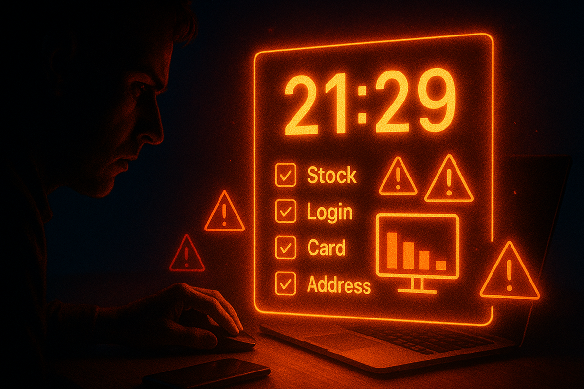 Close-up of a tense face lit by neon 21:29 countdown on a laptop—checklist for stock, login, card, address surrounded by warning triangles—last-minute panic and adrenaline right before the Switch2 cart button appears or vanishes