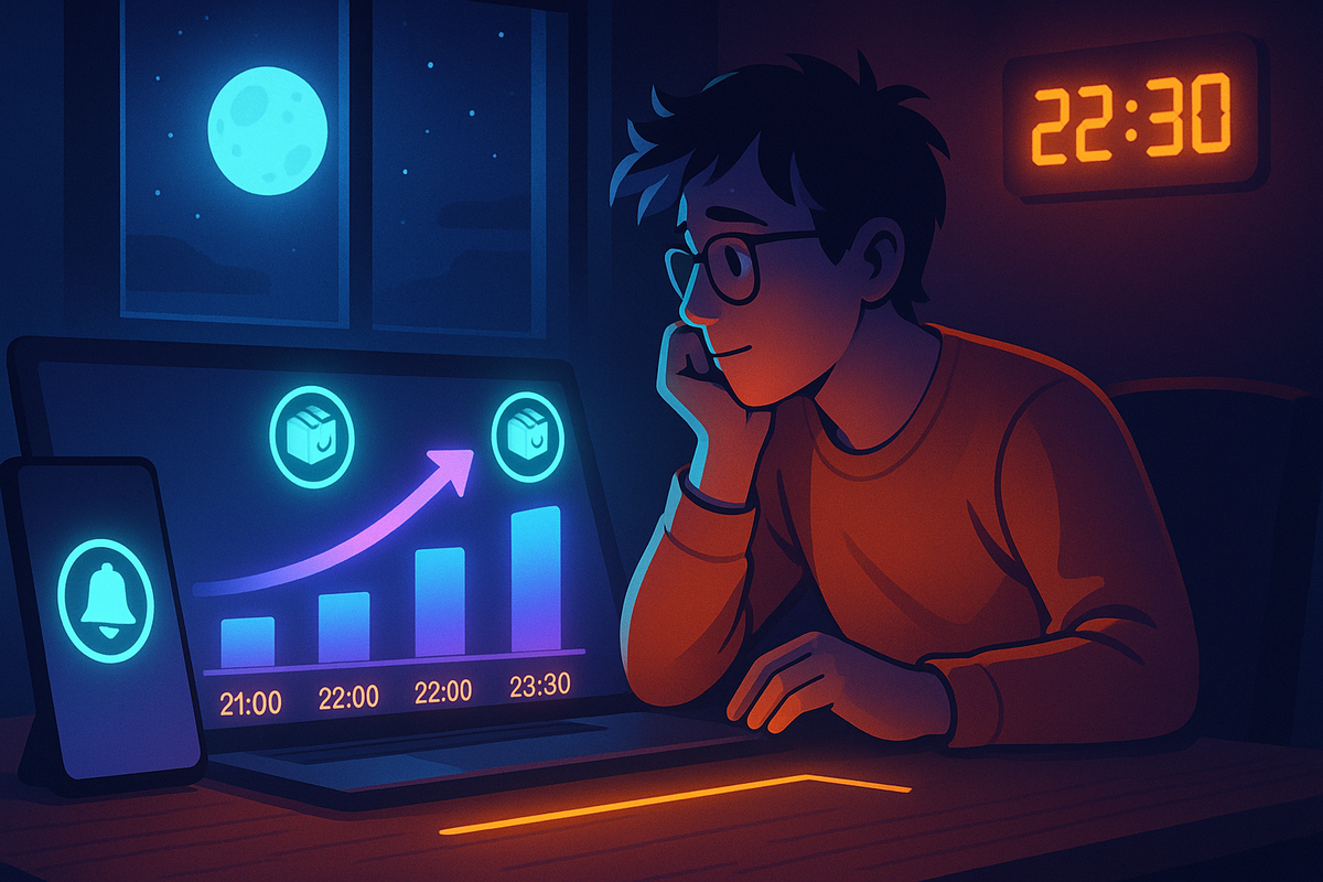 Sleepy but hopeful night owl watching a 21:00–23:30 bar graph climb on a laptop under the moon—notification phone beside them, glowing package icons on the chart—quiet determination to wait for that rare late-night Switch2 restock miracle