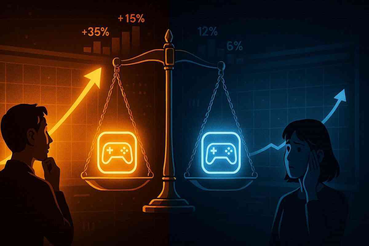 Split neon balance scale—Rakuten Books on the bright orange side, Amazon on the cool blue side, each pan holding a glowing gamepad icon, success-rate percentages floating above—dramatic face-off over which store makes buying Switch2 easier, tense yet hopeful comparison energy