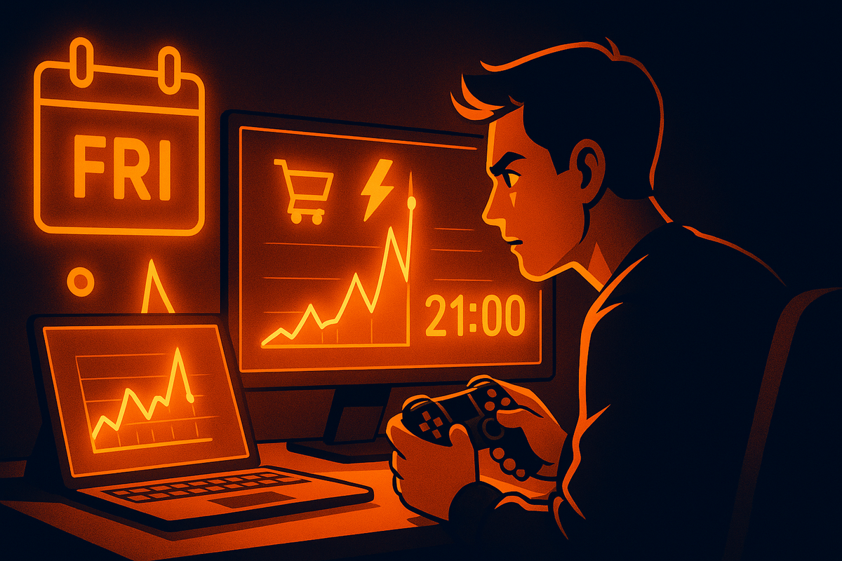 Focused gamer gripping a controller in front of dual monitors and a tablet, all showing spiky Friday 21:00 sales charts with cart and lightning icons—intense countdown mood for Rakuten Books Switch2 flash sale, data-driven but emotionally charged anticipation