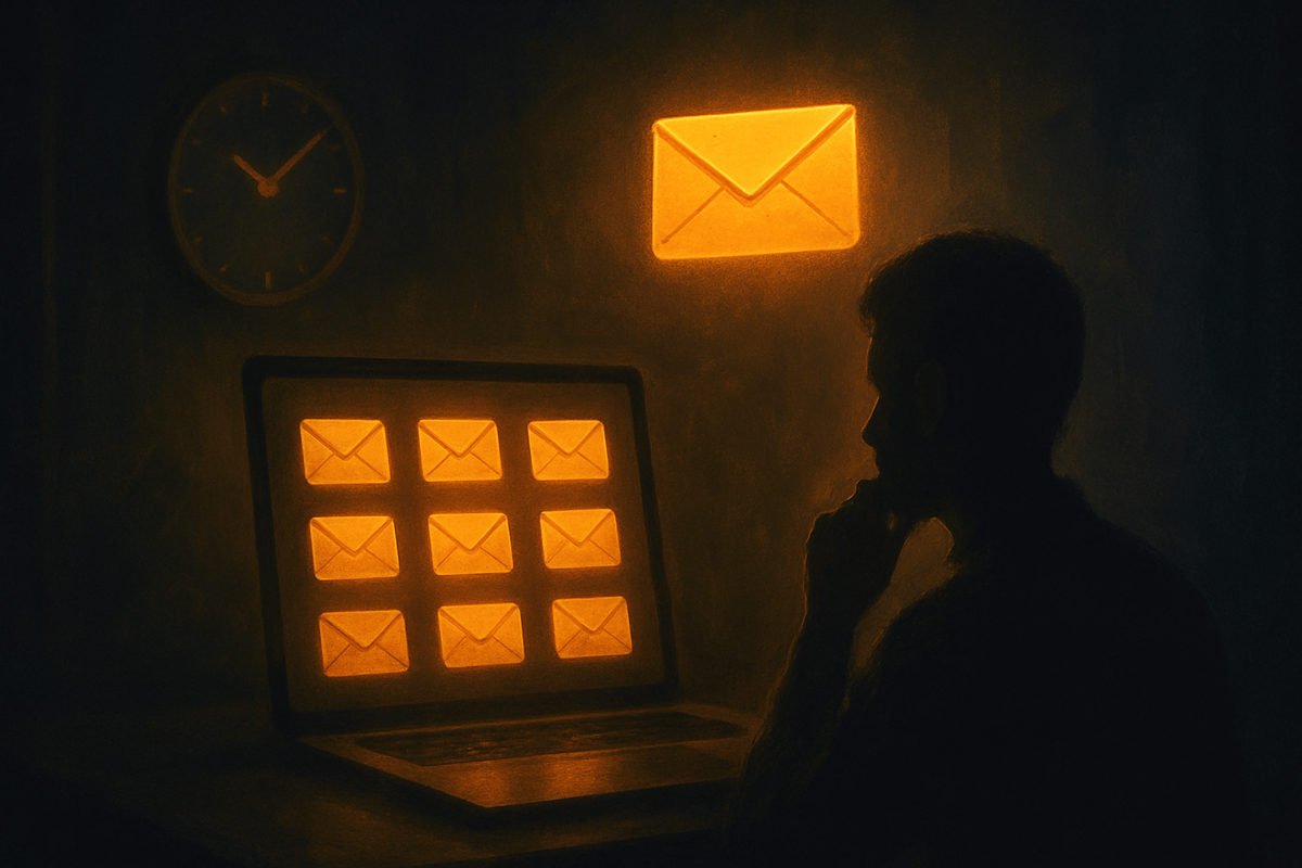 Moody night scene of a person staring at a laptop grid of glowing envelope icons while a single big invite mail floats above—Amazon invitation-only Switch2 system, quiet suspense, waiting for that one golden email, bittersweet, cinematic atmosphere