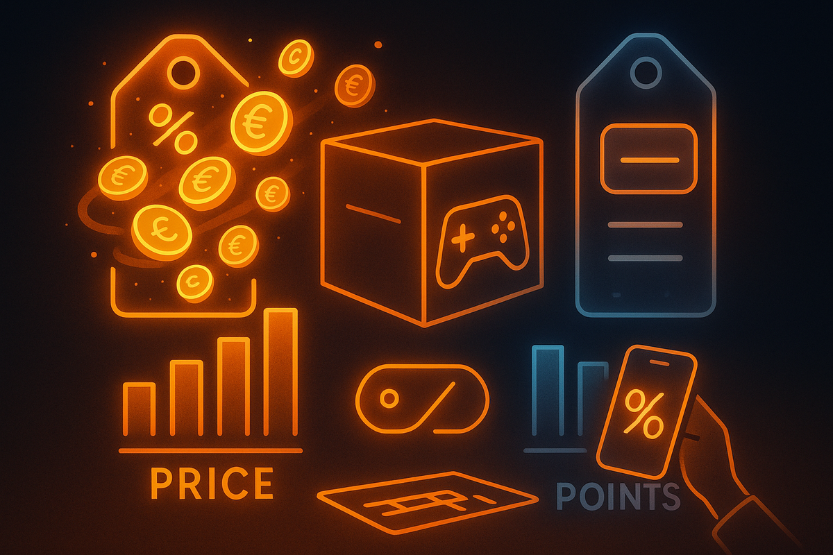 Neon infographic collage—price tag showered in coins, game console box, discount graph, loyalty points bar chart, and a smartphone with big percent sign—lively visual battle of money vs points, Rakuten and Amazon Switch2 deal comparison, thrilling savings tension