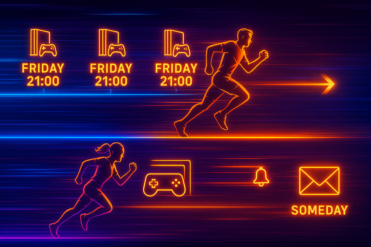 Two runners made of neon light sprinting along parallel tracks—top lane racing toward repeated “FRIDAY 21:00” console icons, bottom lane chasing a controller, bell, and “SOMEDAY” mail—fast vs slow path to securing Switch2, urgent choice, high-speed determination
