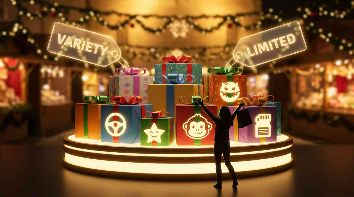 Glowing holiday podium piled with colorful gift boxes under warm lights, giant tags reading VARIETY and LIMITED floating above, shopper silhouette reaching up in excitement—Rakuten vs Amazon Switch2 bundle selection, festive yet strategic mood about which special set to grab