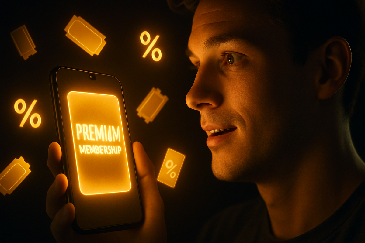 Face glowing with hope while staring at a smartphone that says “Premium Membership”—golden ticket and percent icons floating around—Yodobashi premium plan joy, imagined Switch 2 lottery boost, warm optimistic upgrade energy