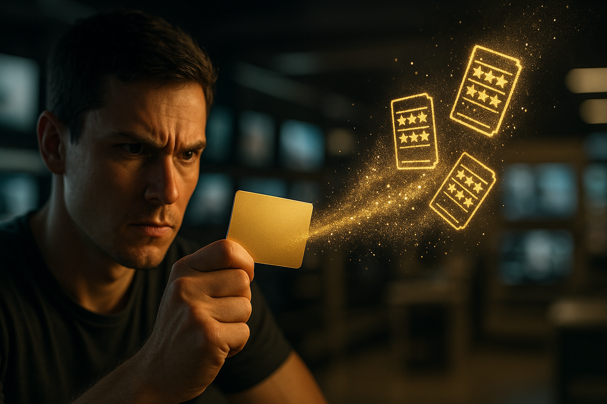 Serious shopper inspecting a shining gold card as sparkling icons of bonus tickets fly out—symbolic gold rewards aura—credit-card strategy focus, craving better odds in the Yodobashi Switch 2 lottery, intense calculation mood