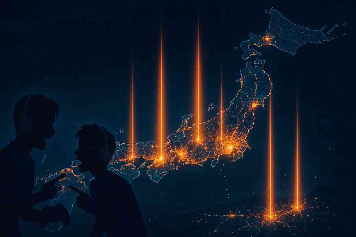 Stylized night map of Japan glowing with orange city lights and vertical beams, two gamer silhouettes arguing excitedly in the foreground—nationwide Yodobashi Switch 2 restock hotspots, viral buzz, heated community hype spreading across the country