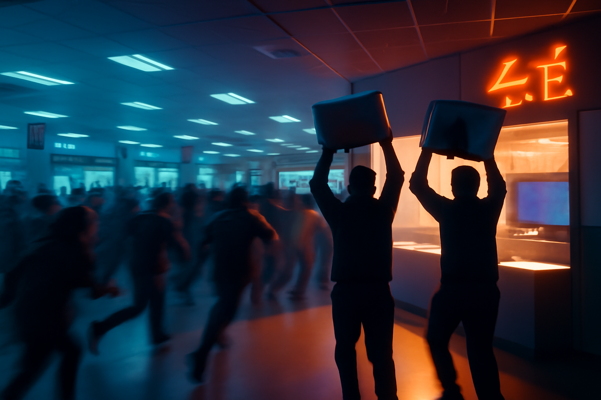 Blue-orange chaos inside an electronics store—crowd sprinting while two lucky shoppers hold big console boxes over their heads—Switch 2 in-store drop frenzy, raw scarcity, urgent victory energy at Yodobashi Akiba