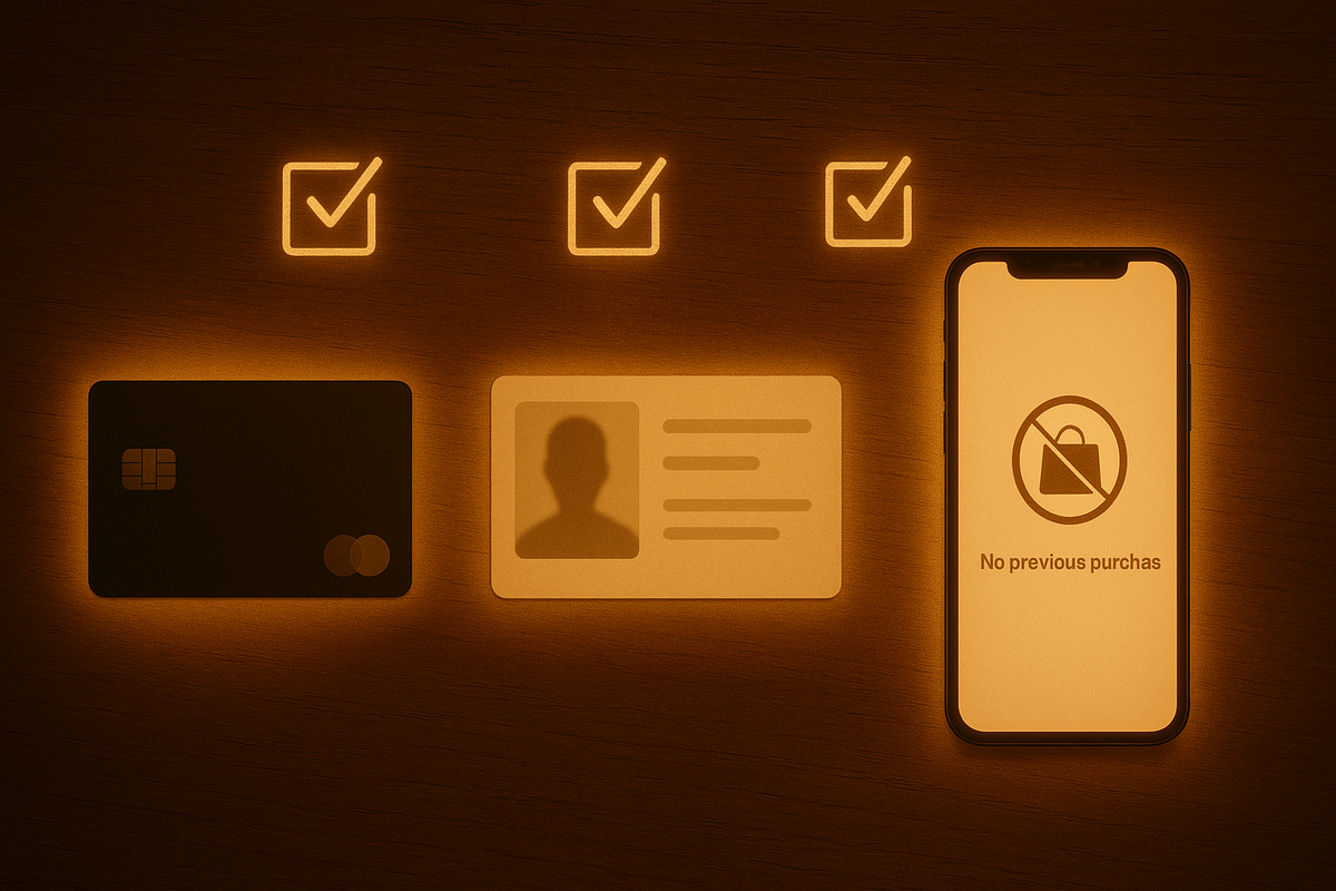 Glowing checklist on a wooden desk—black credit card, photo ID, and smartphone showing “no previous purchase” status—three sacred requirements to buy Switch 2 at Yodobashi, calm but high-stakes preparation mood