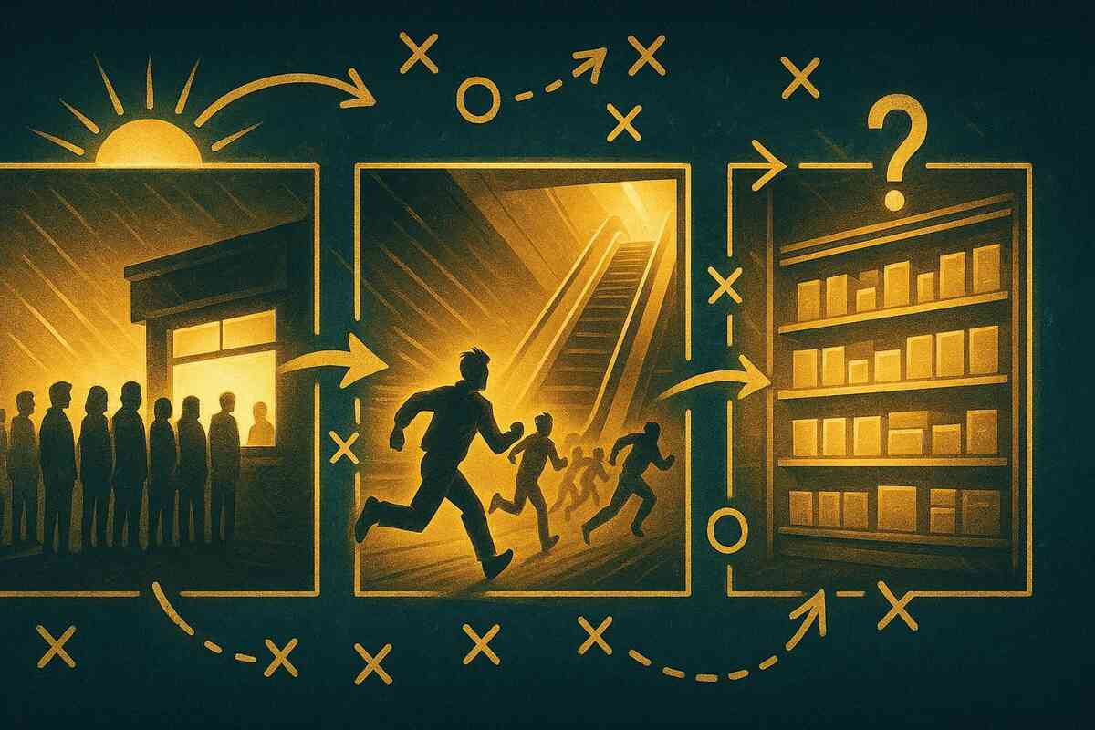 Golden playbook-style illustration—morning queue, opening-time escalator dash, and mystery shelves connected by arrows and tactics marks—complete Switch 2 guerrilla sale strategy, game-like thrill and calculated hustle