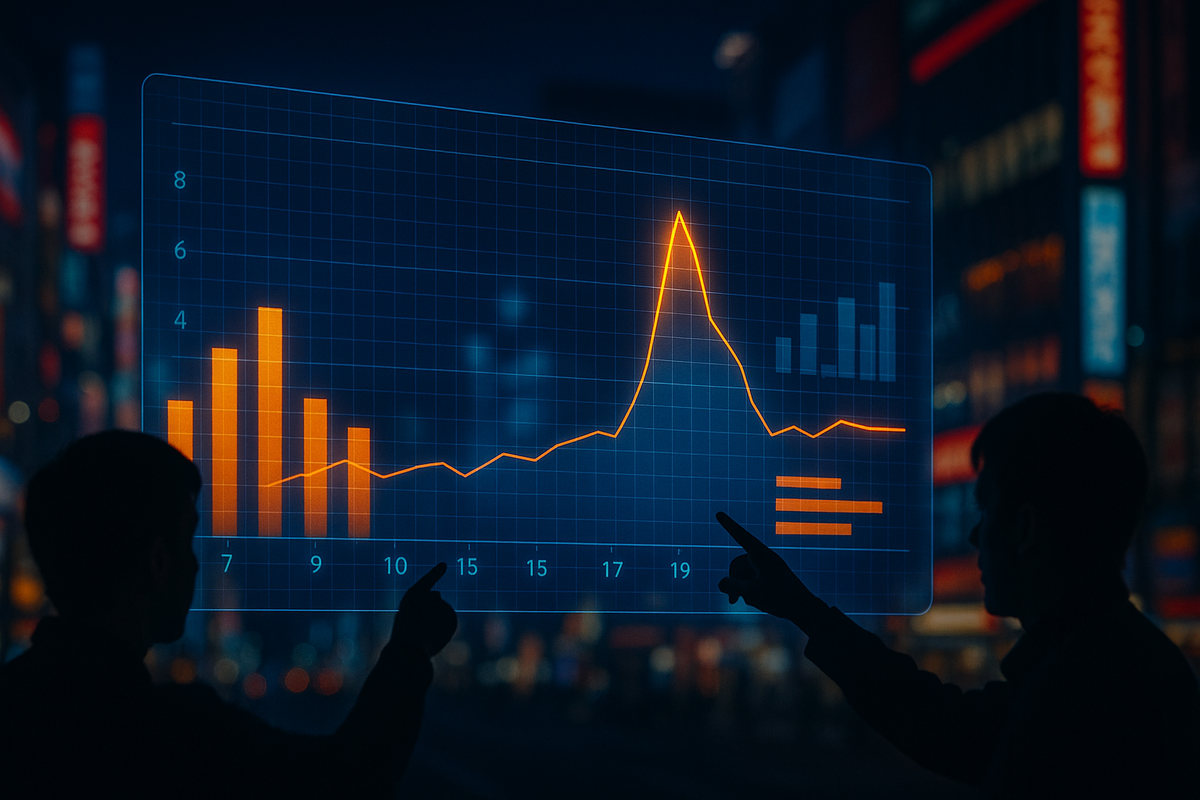 Holographic orange graph floating over an Akihabara night street—two silhouettes pointing at a dramatic mid-November sales spike—data-driven analysis of Switch 2 stock, geeky excitement and strategic anticipation