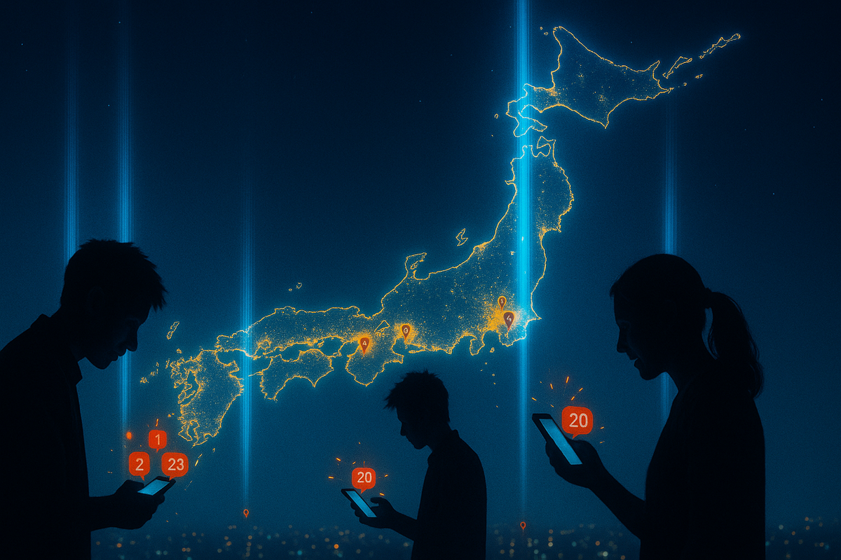 Neon Japan map glowing at night—notification bubbles popping over smartphones in three silhouettes, light beams rising from major cities—nationwide hunt for Switch 2, SNS alert storm, hopeful shared hype across the country