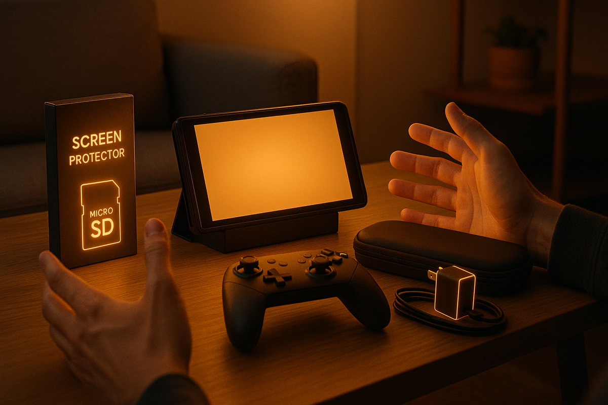Warm living-room table with fresh console, pro controller, case, charger, and glowing boxes for screen protector and microSD—perfect Switch 2 starter kit laid out, cozy anticipation and deeply satisfying “ready to play” feeling
