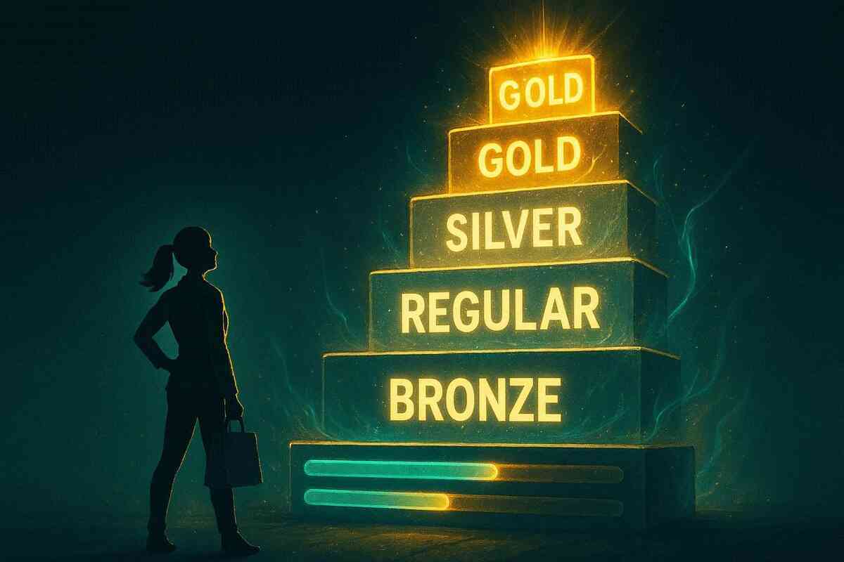 A lone shopper gazing up at a luminous rank pyramid—BRONZE to GOLD shimmering with ambition, electrified progress bars igniting a sense of unstoppable climb