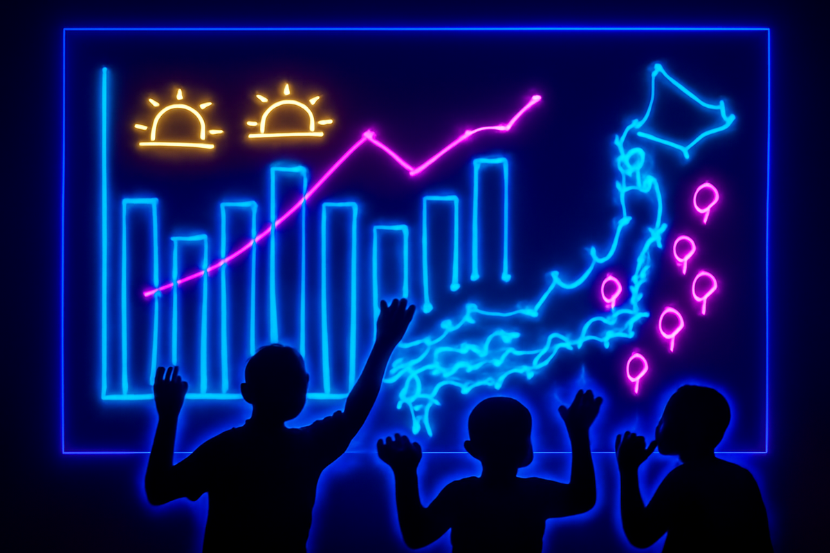 Neon Japan map and rising bar charts glowing in midnight blues—kids reaching out in wonder as stock-trend data pulses with excitement and discovery