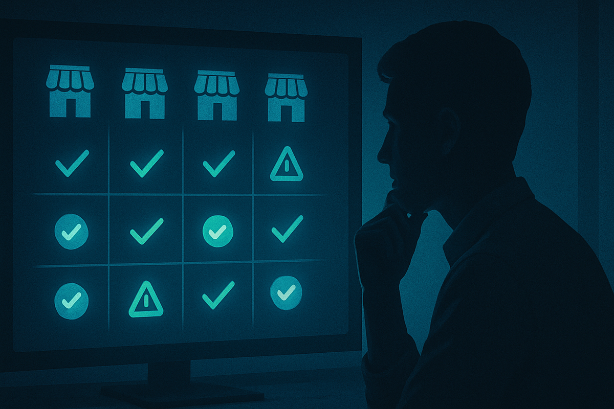 Focused silhouette comparing store icons and checkmarks on a glowing screen—cool analytical calm mixed with hopeful determination to pick the perfect retailer
