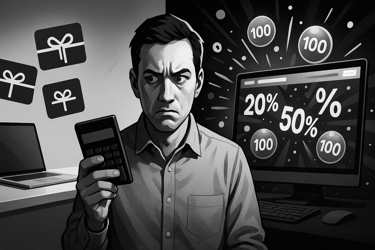 Black-and-white scene of a worried man clutching a calculator between floating gift cards and a monitor full of 20% and 50% discount numbers—anxious comparison of Apple official gift card promos vs Amazon sale prices, skeptical money-saving mood
