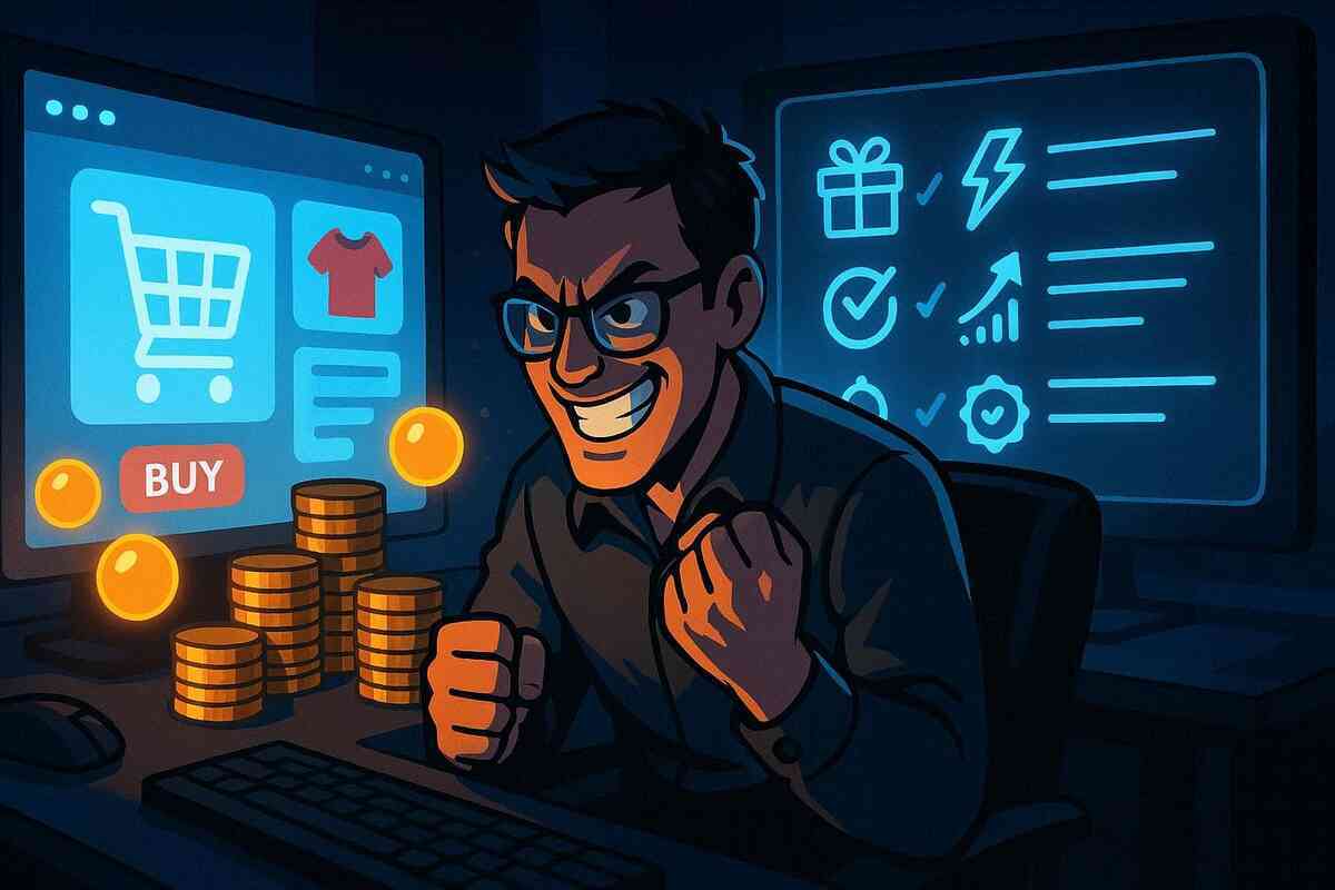 Shocked shopper staring at three neon price-drop charts labeled phone, tablet, and laptop, each curve plunging down to “lowest price” on a glowing screen—data-driven discovery of the cheapest timing to buy Apple devices on Amazon, amazed bargain-hunter feeling