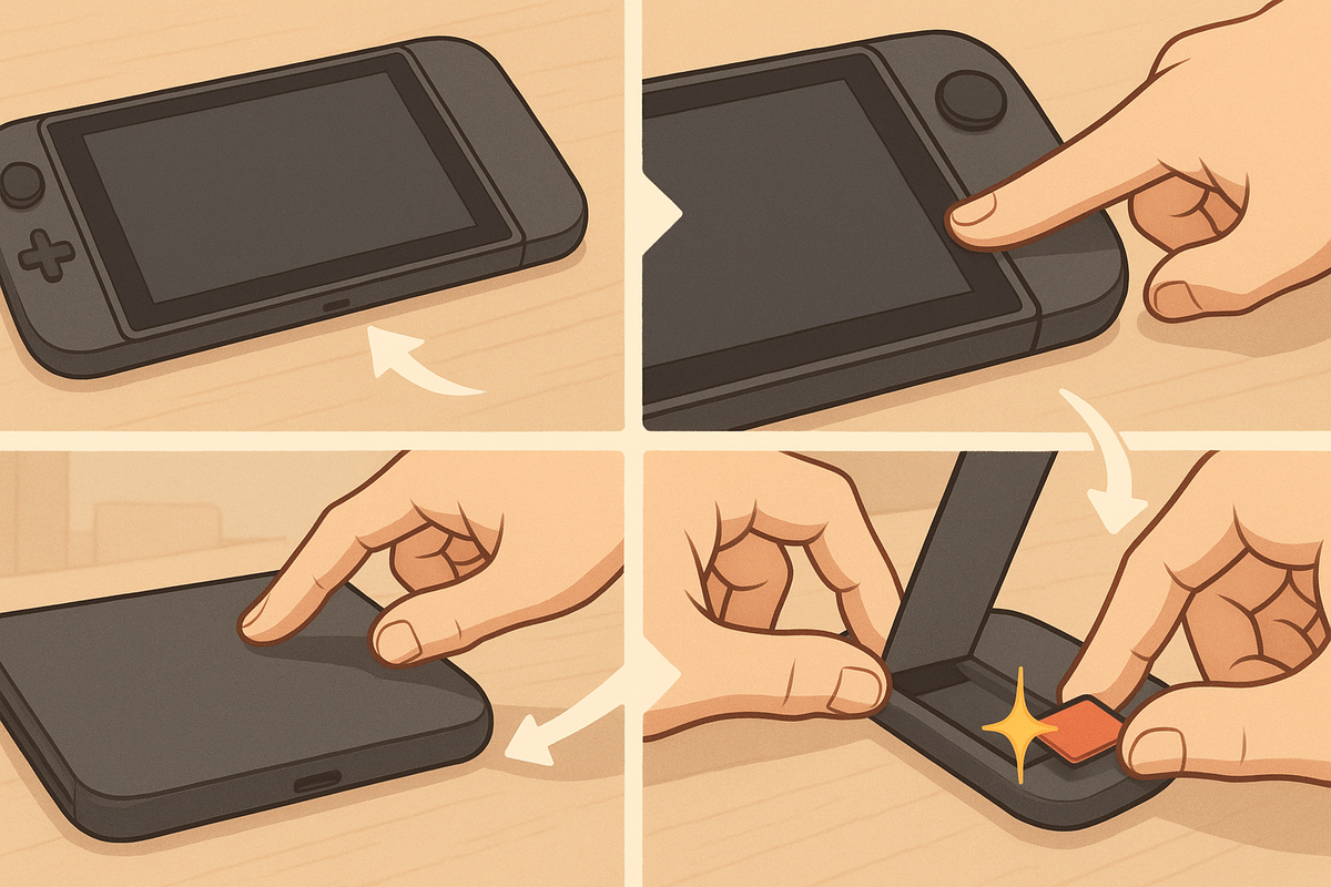 Four-panel warm illustration of a handheld console being powered off, flipped over, kickstand opened, and an SD card pushed in with a little sparkle—step-by-step how to insert a memory card safely, gentle beginner-friendly guidance and satisfying “click” feeling
