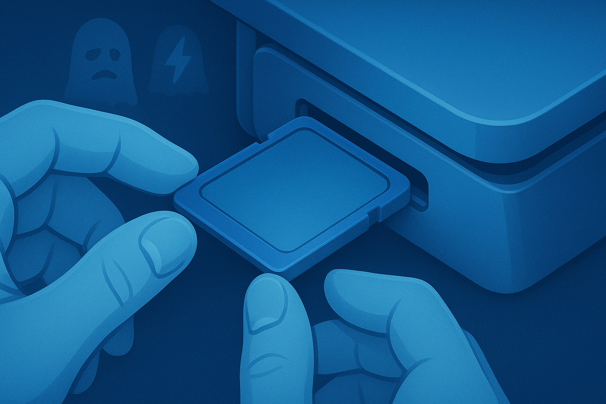 Monochrome blue hands calmly pushing an SD card out of a console slot, with faint ghost-like warning icons hovering behind—safe SD card removal technique that protects save data, turning silent fear of corruption into calm, careful control