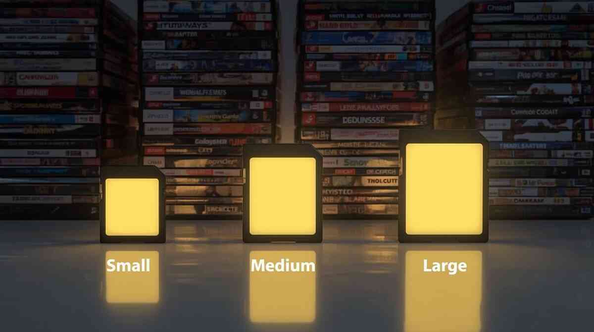 Three glowing SD-card-shaped blocks labeled small, medium, and large standing before towering stacks of game cases—simple visual comparison of 256GB vs 512GB vs 1TB capacity, playful yet powerful message about how much gaming life each size can hold