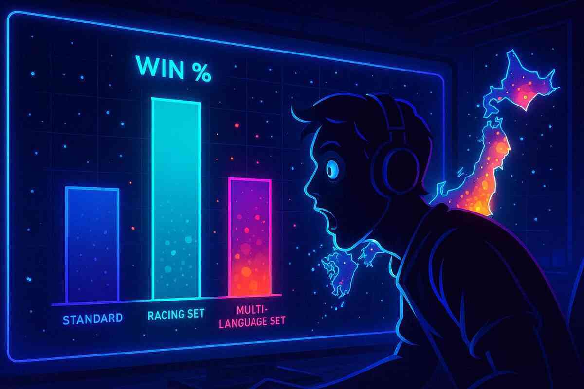 Neon data dashboard with a blazing WIN% bar chart comparing standard, racing set, and multi-language set bundles, Japan heat map glowing in the background, and a gamer gasping in disbelief—eye-opening proof that the right Switch2 bundle secretly has much higher odds