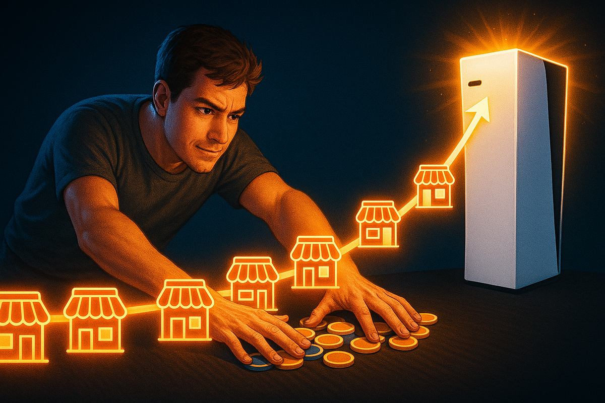 Determined player on a dark table pushing stacks of chips into a glowing row of store icons that climbs toward a shining next-gen console—visualizing the aggressive 8-store multi-entry strategy that skyrockets Switch2 lottery success
