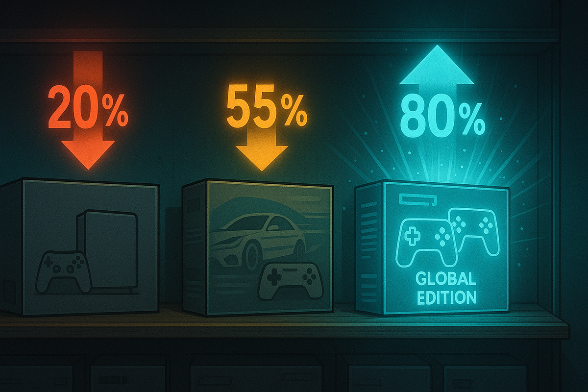 Store shelf with three anonymous console bundles: dull boxes under red 20% and 55% arrows, and a radiant GLOBAL EDITION box under a huge 80% arrow—dramatic reveal that smart bundle choice can more than triple your chances of winning Switch2