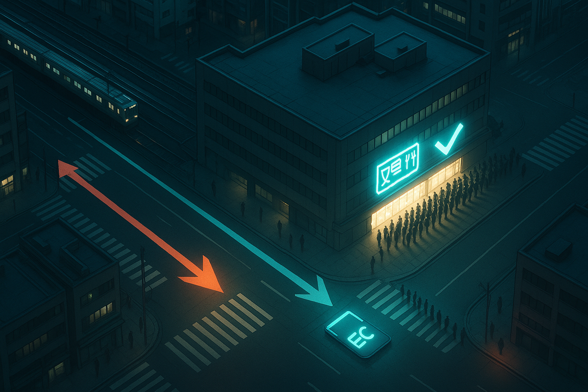 Moody aerial view of an unbranded megastore near the tracks at dawn, one bright entrance packed with a long Switch2 queue under a glowing checkmark while empty side streets and arrows show the wrong path—exact Yodobashi Umeda lineup spot visualized with urgent, high-stakes energy