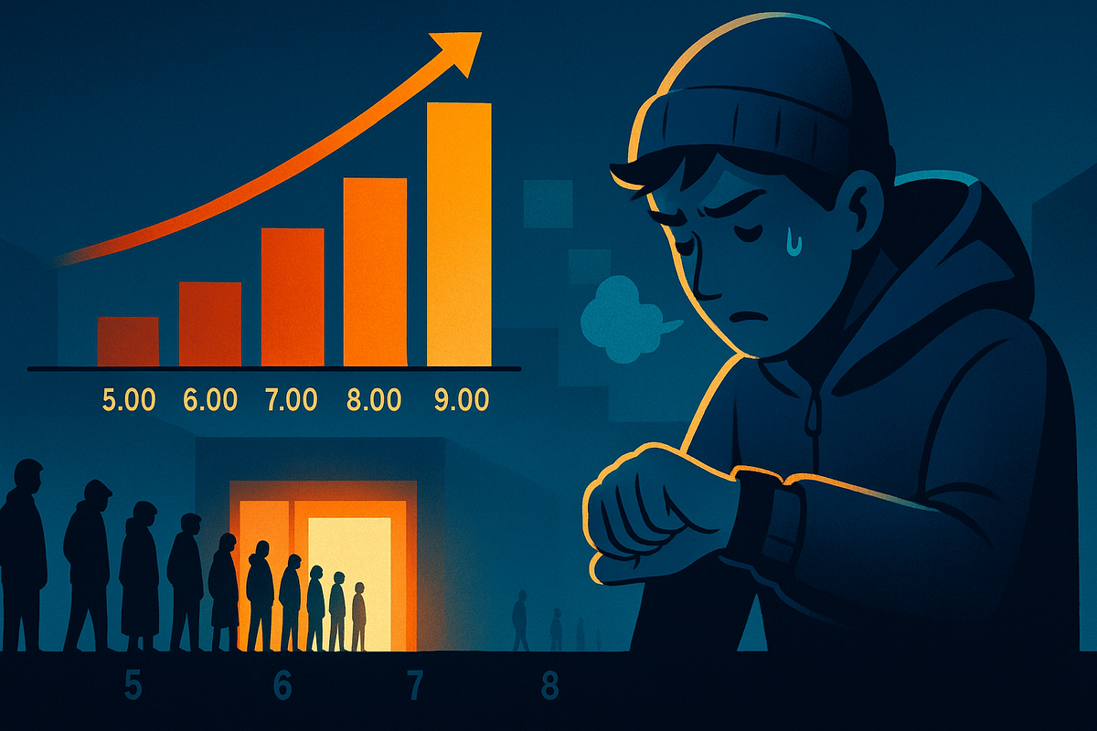 Cartoon gamer in a beanie sweating as he checks his watch beside a growing early-morning queue, behind him a bar chart soaring from 5:00 to 9:00—dramatic illustration of how arrival time at Yodobashi Umeda brutally changes your chances of grabbing a Switch2 ticket